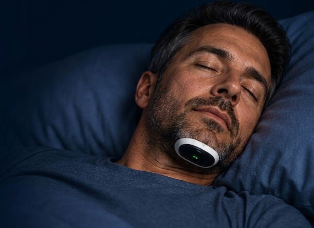 Homme endormi paisiblement avec le dispositif Snore Circle